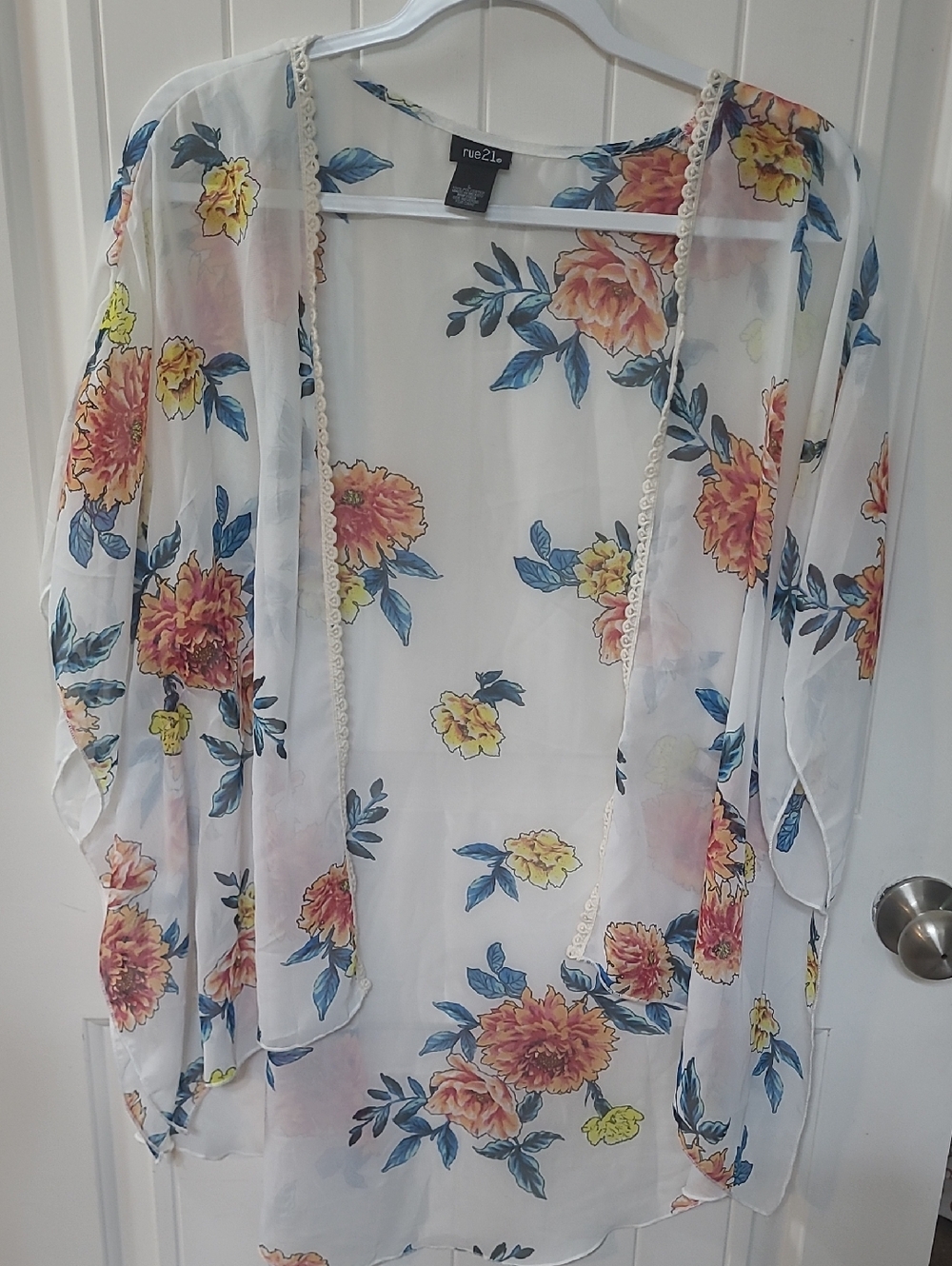Rue21 Large Sheer Floral Open-Front Kimono - White with Yellow & Blue